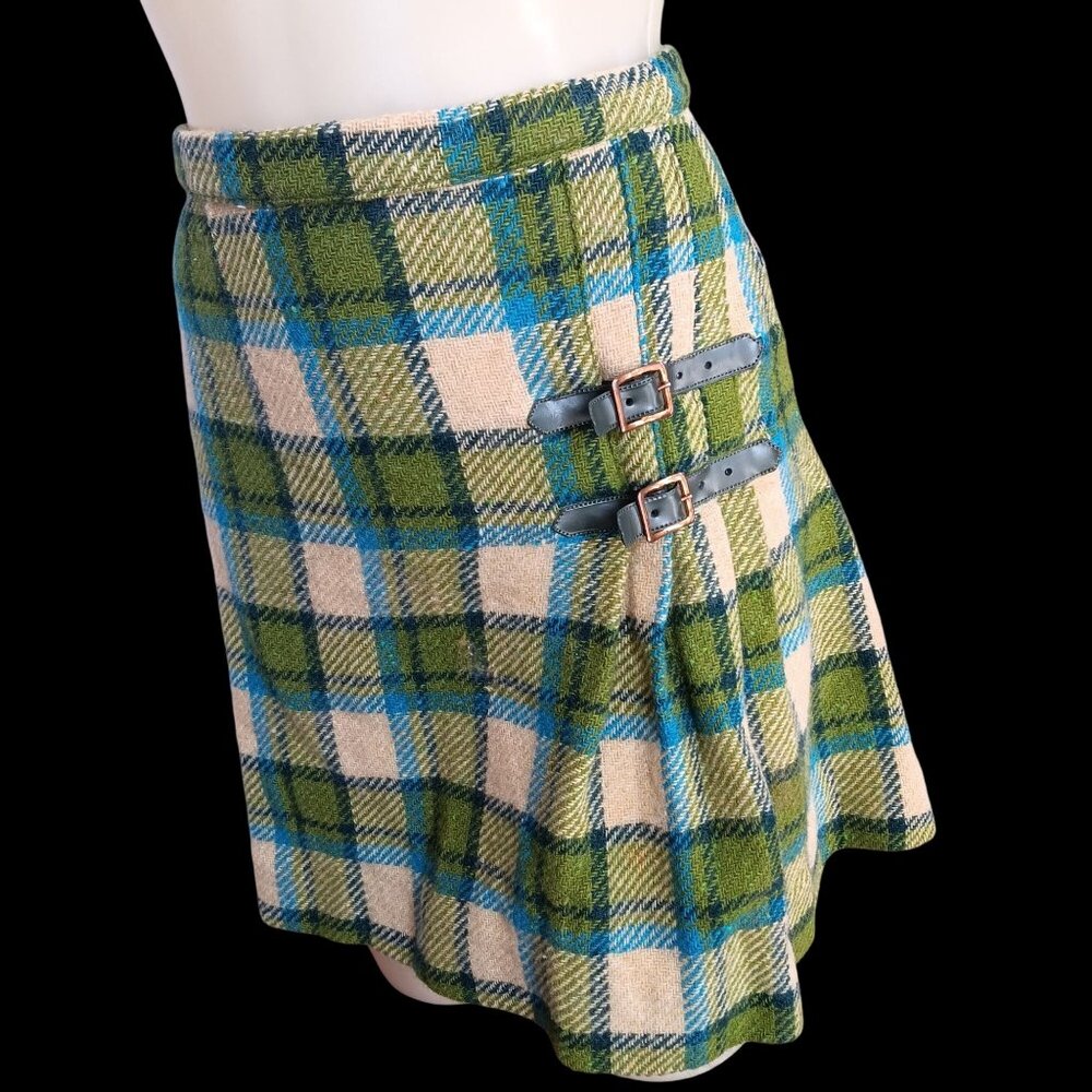 Vintage Women's Skirt 23" 1960's 1of1 Green Blue Tartan Wool Plaid Good Girl Mod